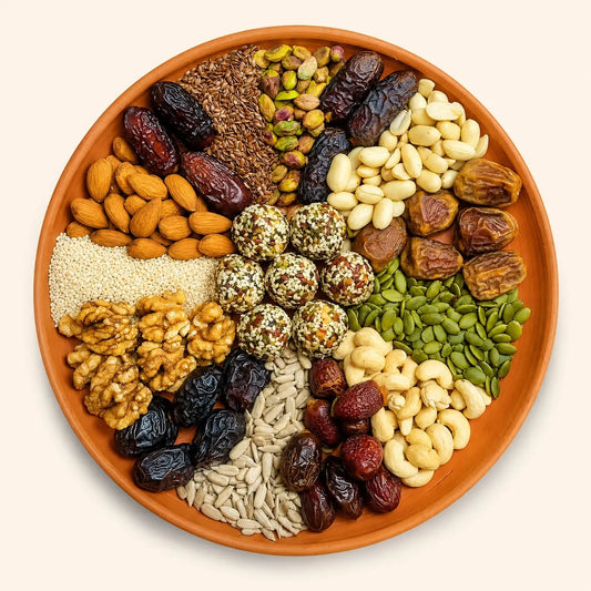 Assorted dried fruits and seeds on a terracotta platter, showcasing Shudhik Premium Biotin Laddu super food ingredients.