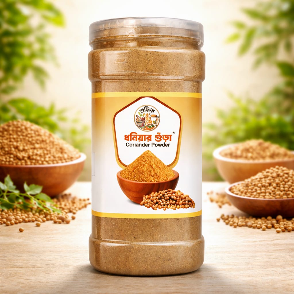 Shudhik Coriander Powder (Dhonia) in a 500g package, a pure spice used in cooking, shown in a clear image with a spice jar.