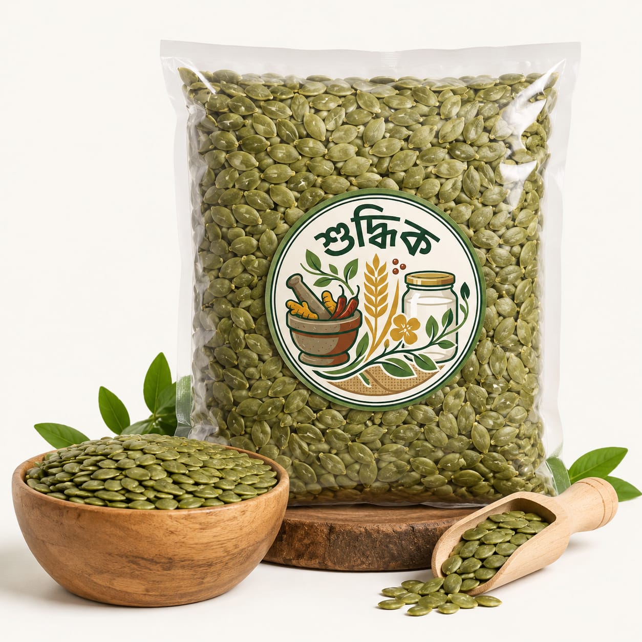 Premium Shudhik pumpkin seeds (Kumrar Beej) in a clear package, showcasing the seeds ready for planting or snacking.