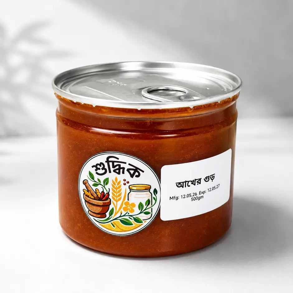 Shudhik Akher Gur, 500g, traditional Bangladeshi jaggery made from date palm, shown in a clear image.