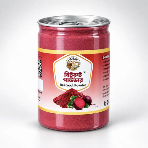 Shudhik beetroot powder in a jar, showing vibrant red beetroot powder, natural and fresh, for healthy smoothies and recipes.