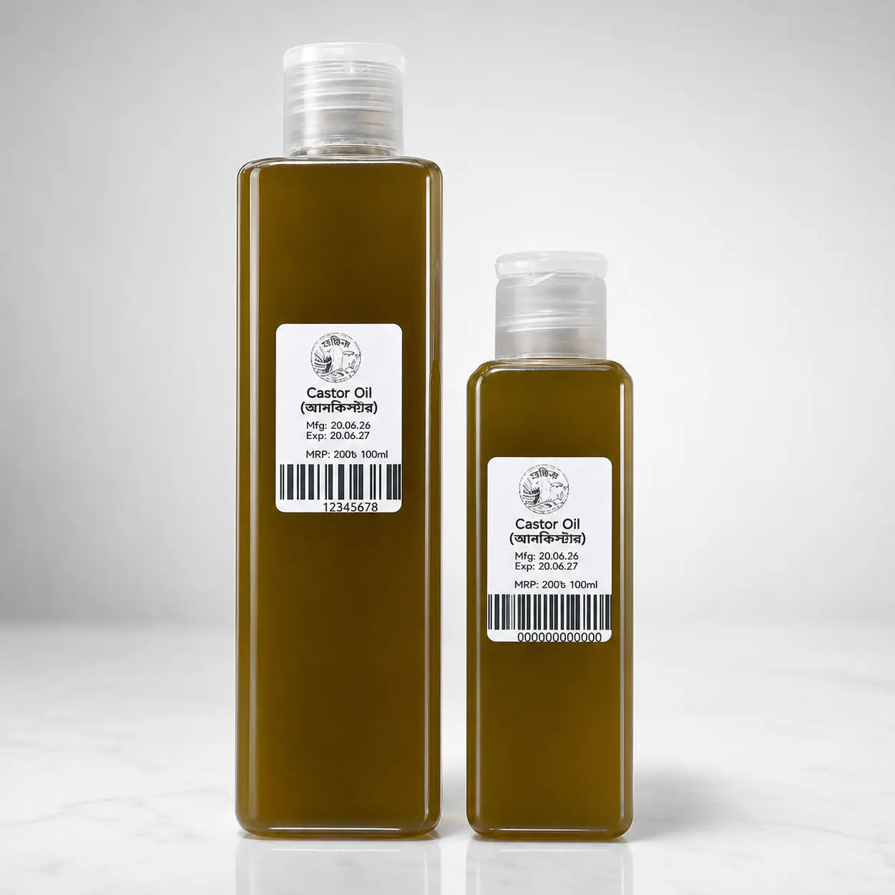 Shudhik castor oil bottle, 100ml or 200ml, natural oil for skin and hair care, in clear plastic container
