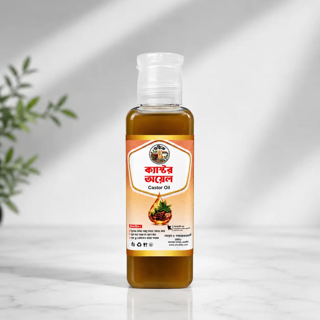 Shudhik castor oil bottle, 100ml, natural oil and ghee for skincare and hair care, with a clear label showing the product.