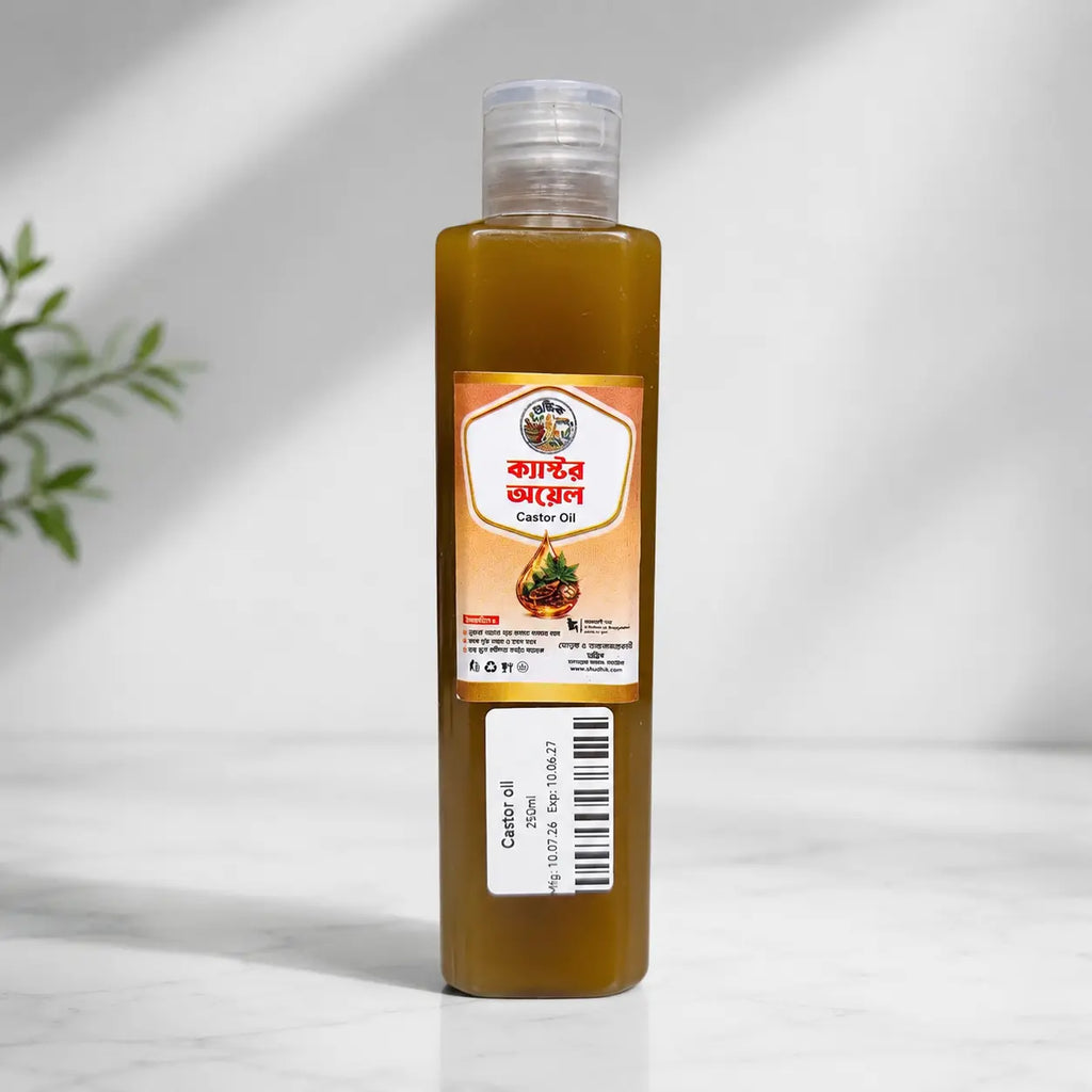 Shudhik castor oil bottle, 250ml, natural oil and ghee product for hair and skin care.