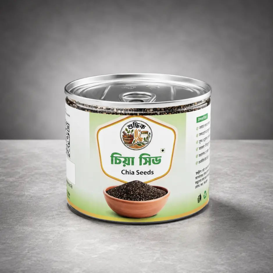 Shudhik premium chia seeds in a clear container, showcasing small dark seeds, 250g pack, from Nuts & Seeds category.