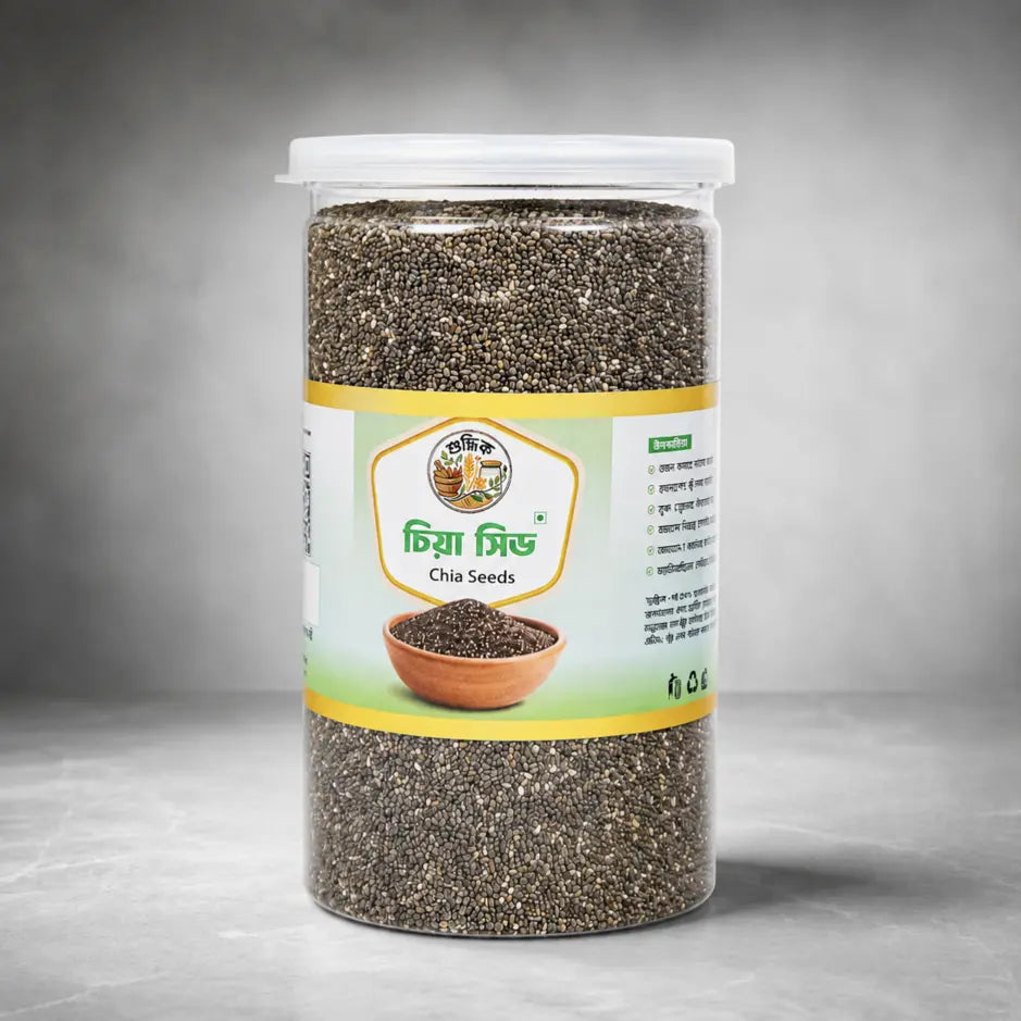 Premium Shudhik chia seeds in a clear jar, showcasing small black and white seeds, part of the nuts and seeds category.