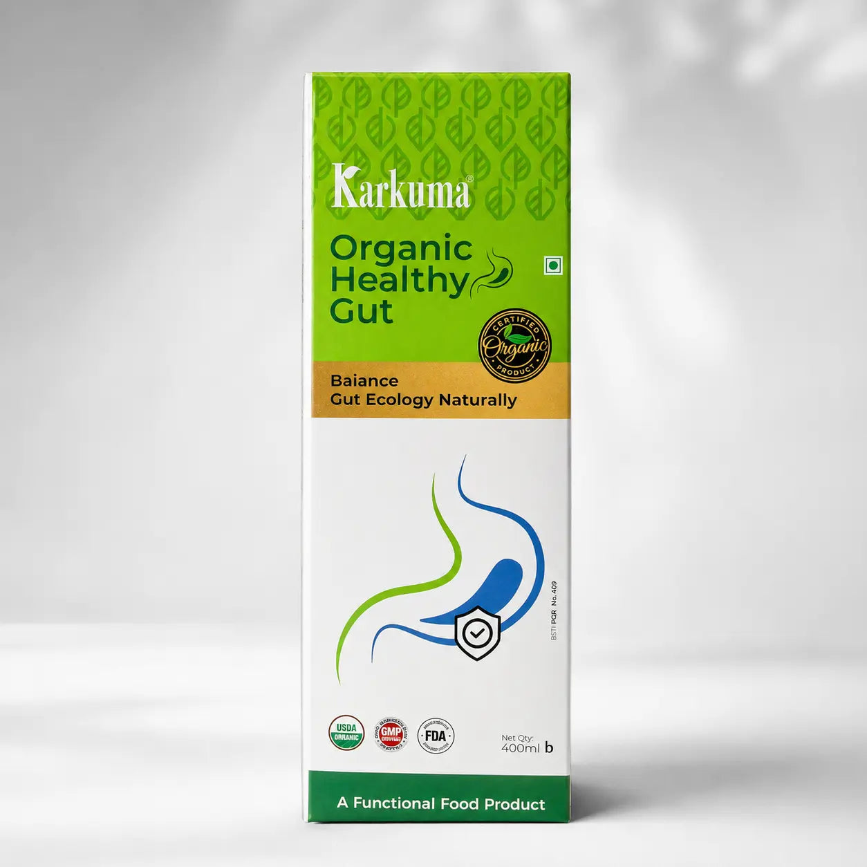 Karkuma Organic Healthy Gut supplement bottle with label, showcasing natural ingredients for digestive health.