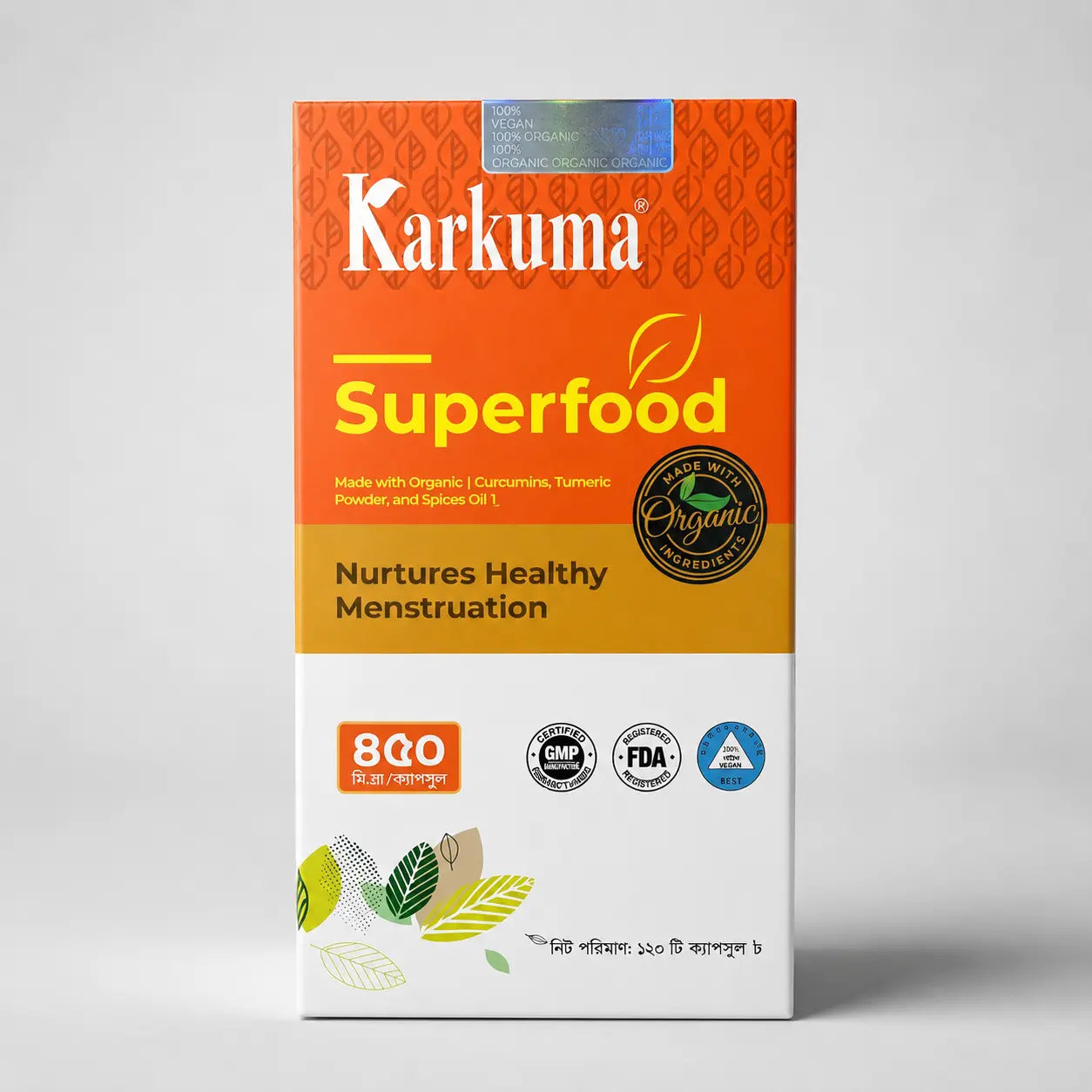 Karkuma Superfood supplement container with label showing natural ingredients and branding, placed on a clean white background.