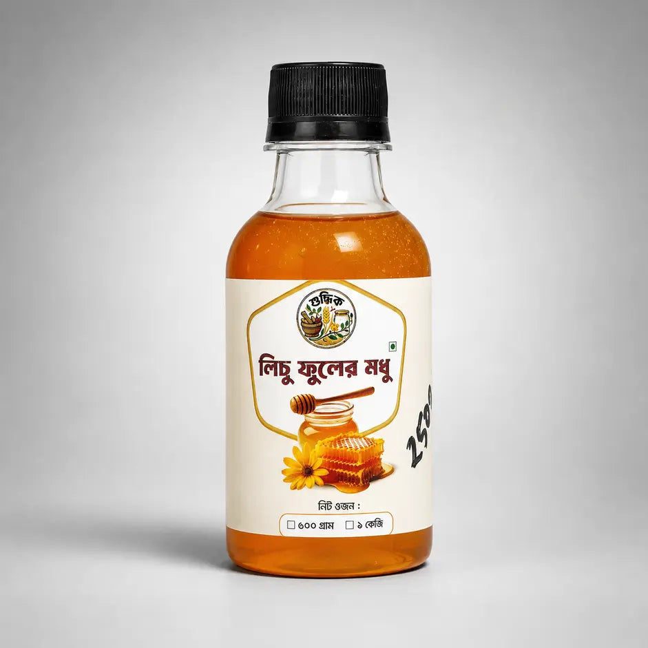 Jar of Shudhik Litchi Flower Honey showing honey filled jar with litchi flower design on label