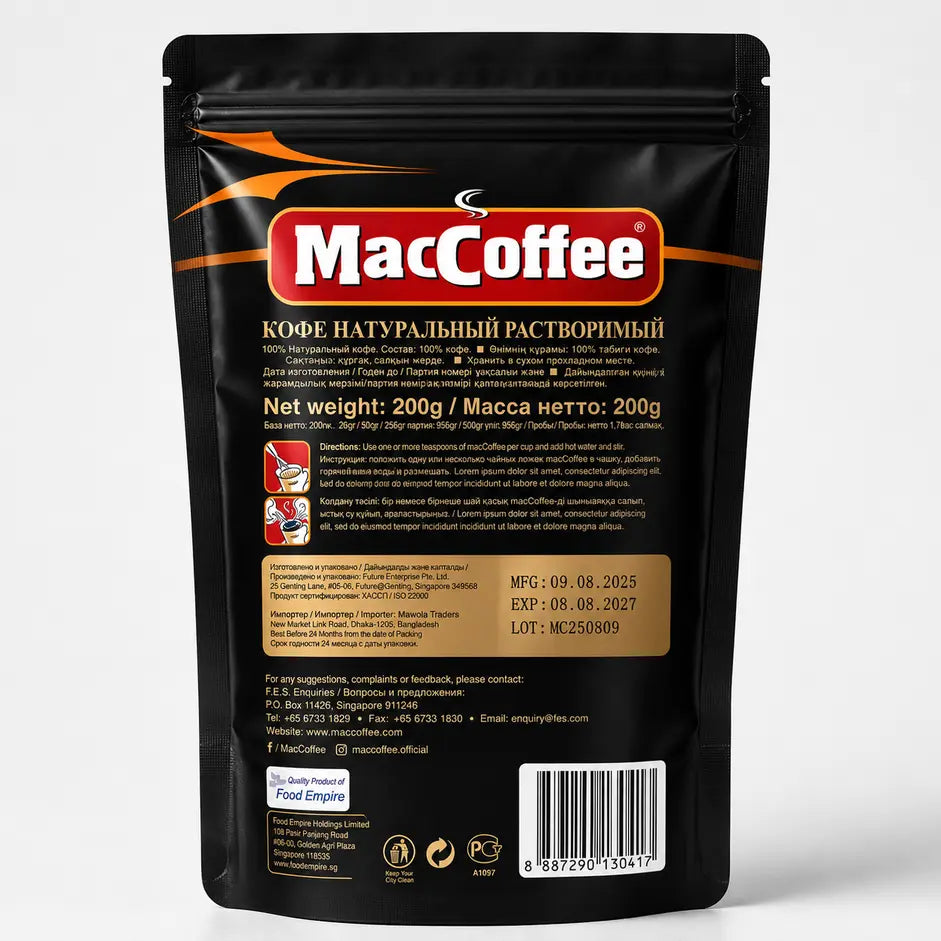 Shudhik MacCoffee Original packet, instant coffee powder in a colorful pouch showing the product branding and packaging design.