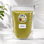 Shudhik Mehedi (Henna) powder, herbal mehendi leaf powder for hair and skin, shown in a close-up image.