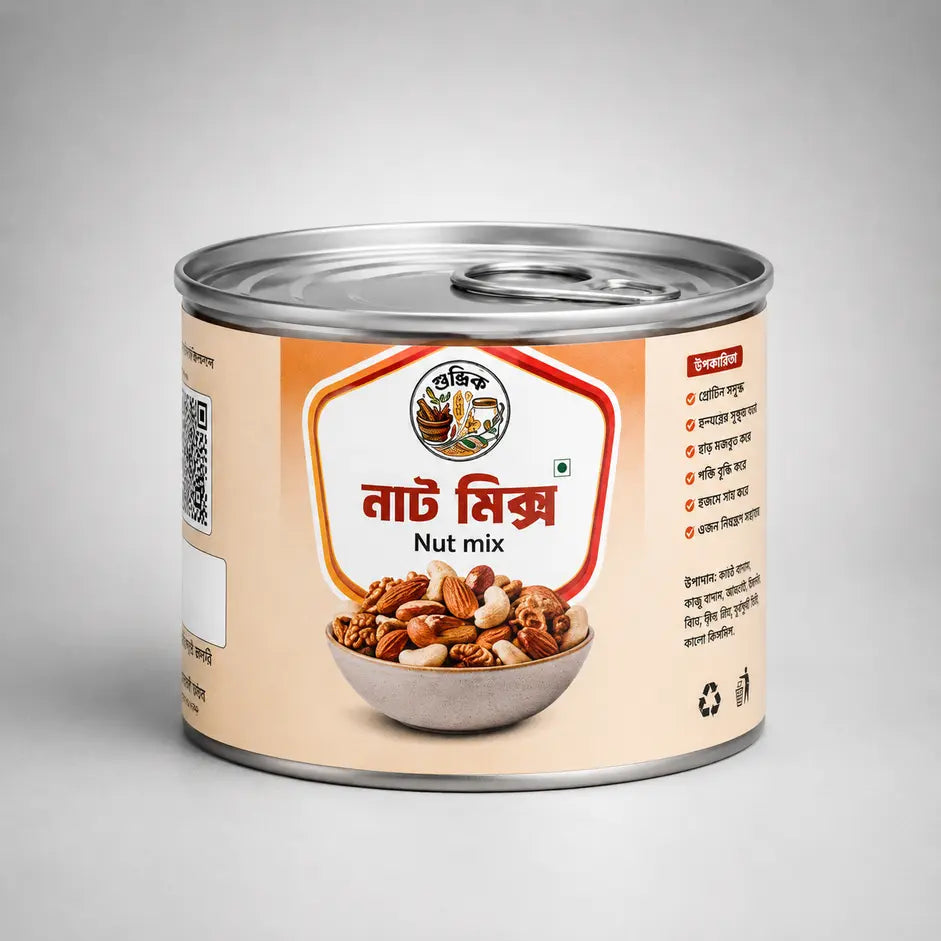 Assorted mixed nuts in a clear bowl, featuring almonds, cashews, and walnuts from Shudhik's 200g mixed nuts pack.
