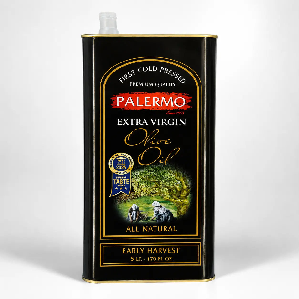 Bottle of Palermo extra virgin olive oil, showcasing a clear glass container filled with rich, green olive oil, ideal for cooking and dressings.