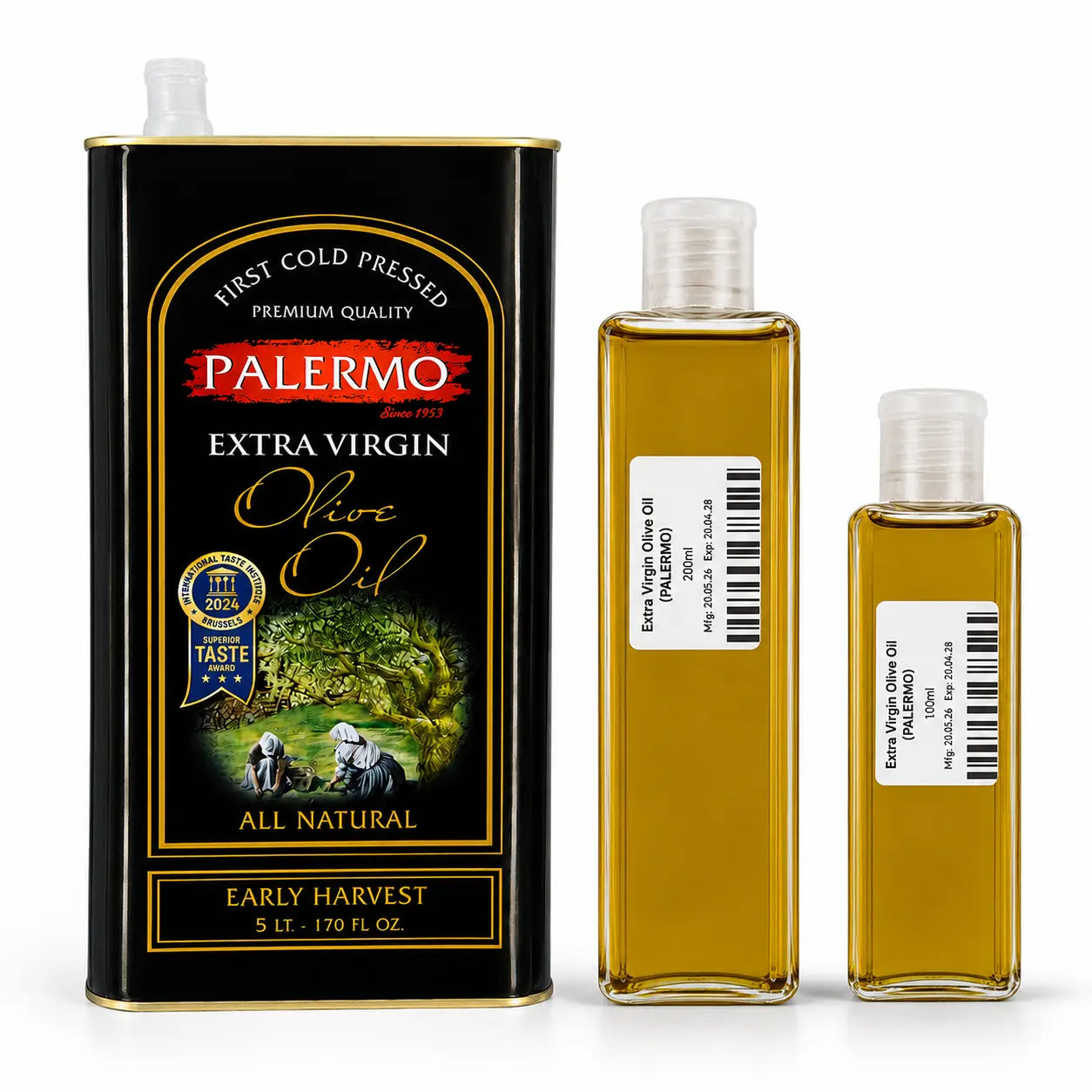 Bottle of Palermo extra virgin olive oil with a dark glass container and label, ideal for cooking and finishing dishes.