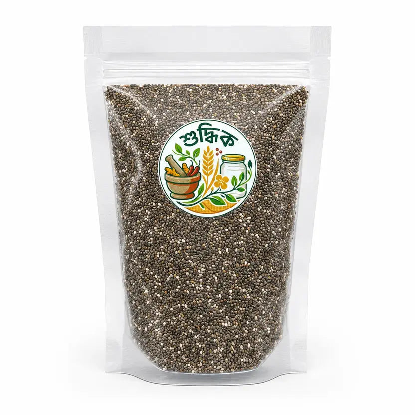 Shudhik premium chia seeds in a clear container, showing small, black and white chia seeds, 100 grams packaging for healthy nutrition.