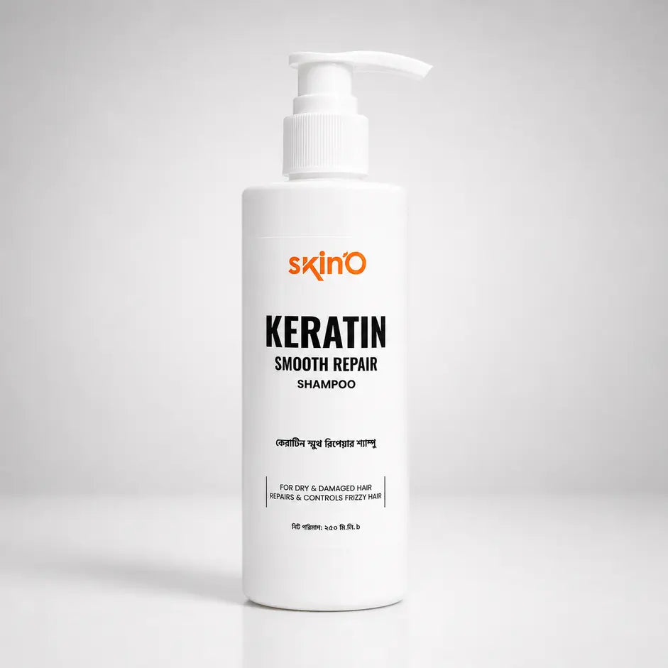 Skino Keratin Smooth Repair Shampoo bottle with label, showcasing its sleek design and product details.