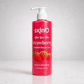 Skino strawberry scented body wash in a clear bottle, featuring fresh strawberry images, ideal for refreshing shower gel.