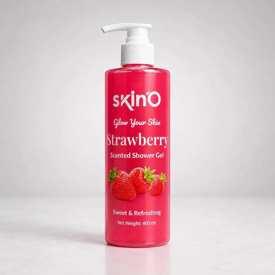 Skino strawberry scented body wash in a clear bottle, featuring fresh strawberry images, ideal for refreshing shower gel.