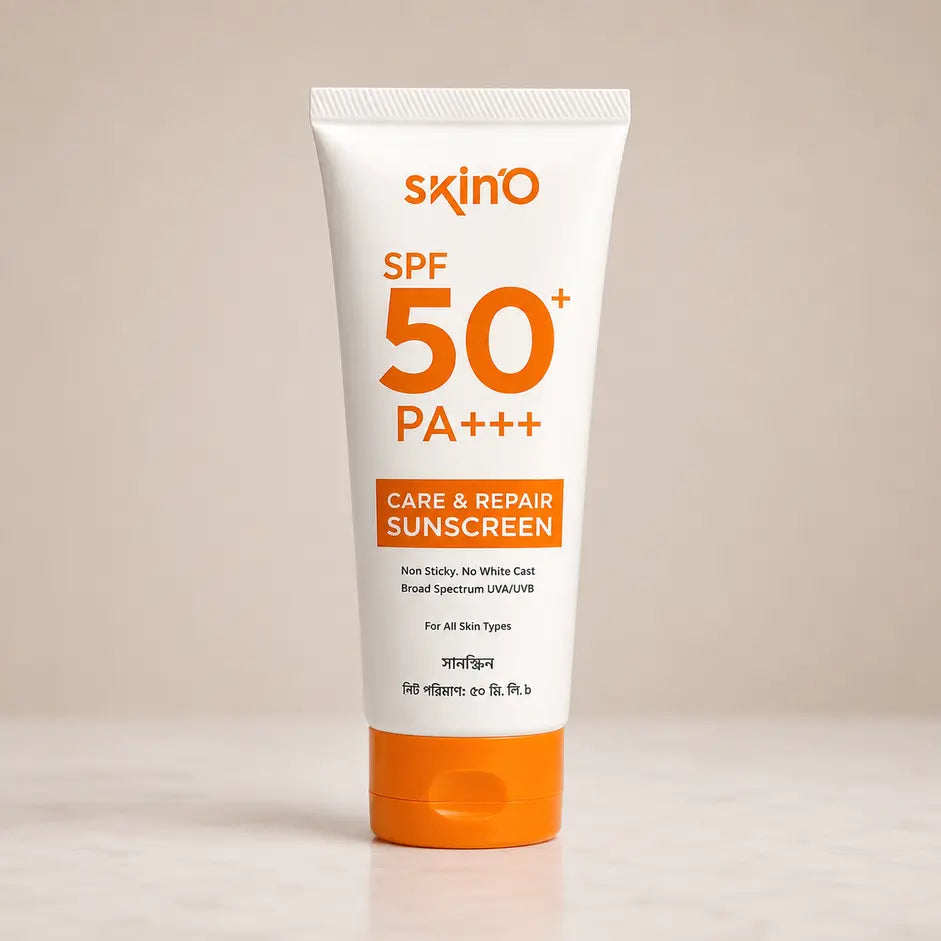 Skino SPF 50+ sunscreen bottle with care and repair formula, suitable for protecting and nourishing skin.