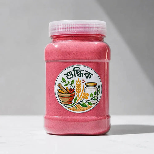 Shudhik beetroot powder in a jar, showcasing vibrant red beetroot powder for healthy smoothies and nutrition.