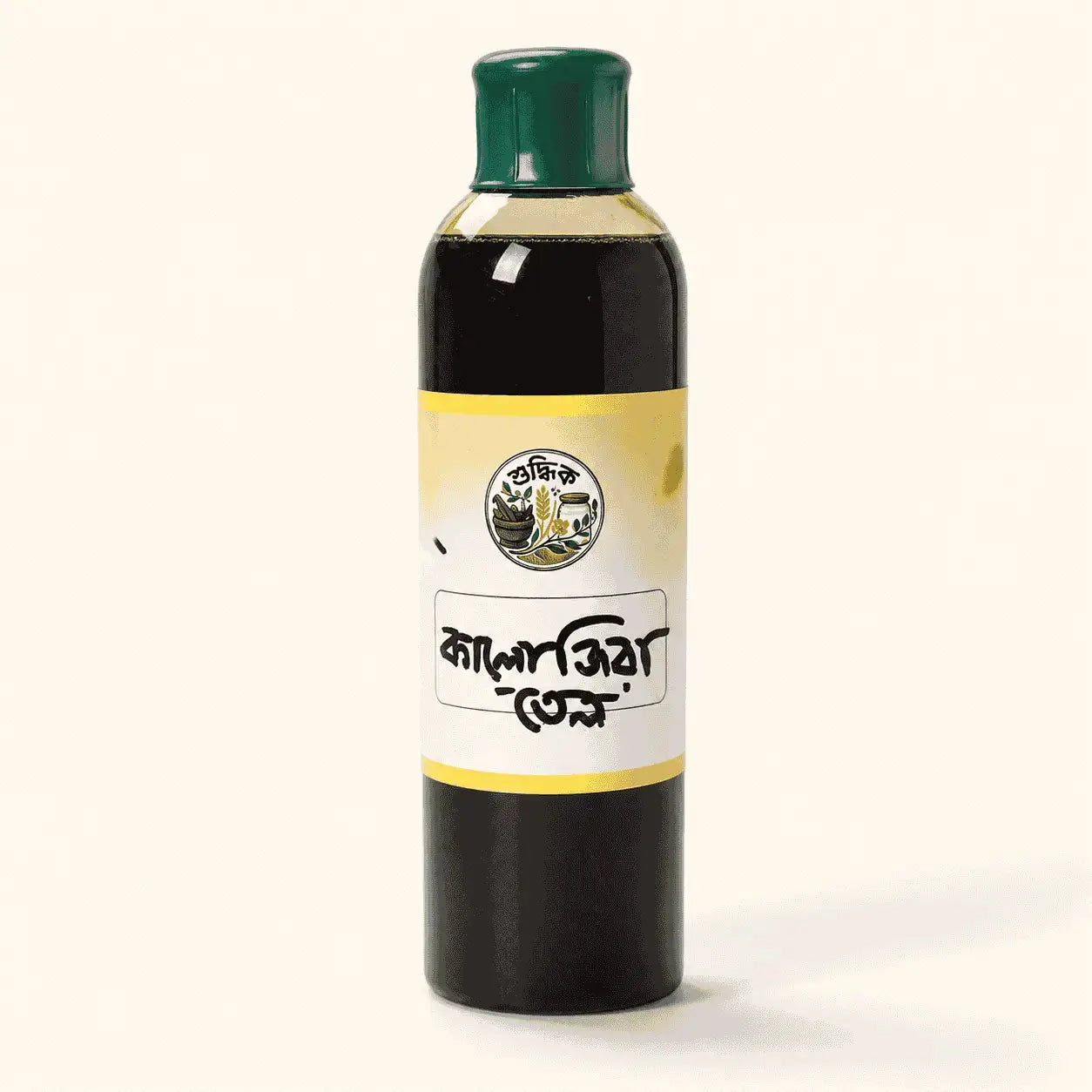 Shudhik black seed oil bottle, pure oil and ghee product, with dark liquid inside, used for health and cooking purposes.