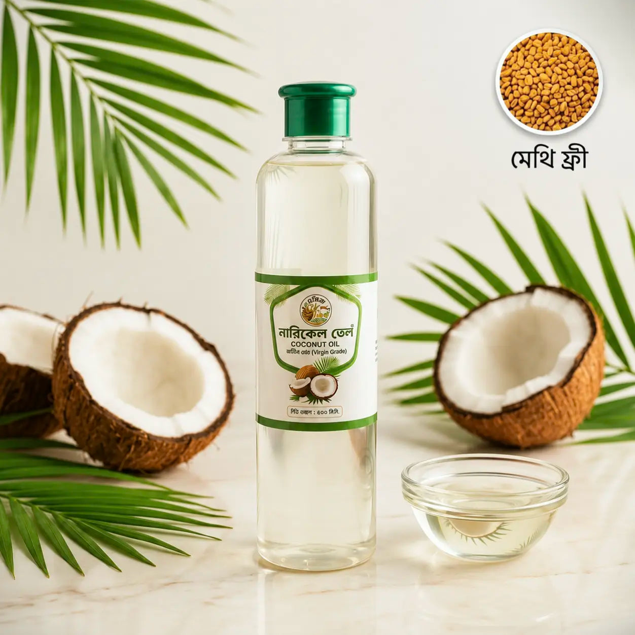 Shudhik coconut oil for hair care, featuring natural coconut oil with fenugreek, shown in a clear bottle on a wooden surface.