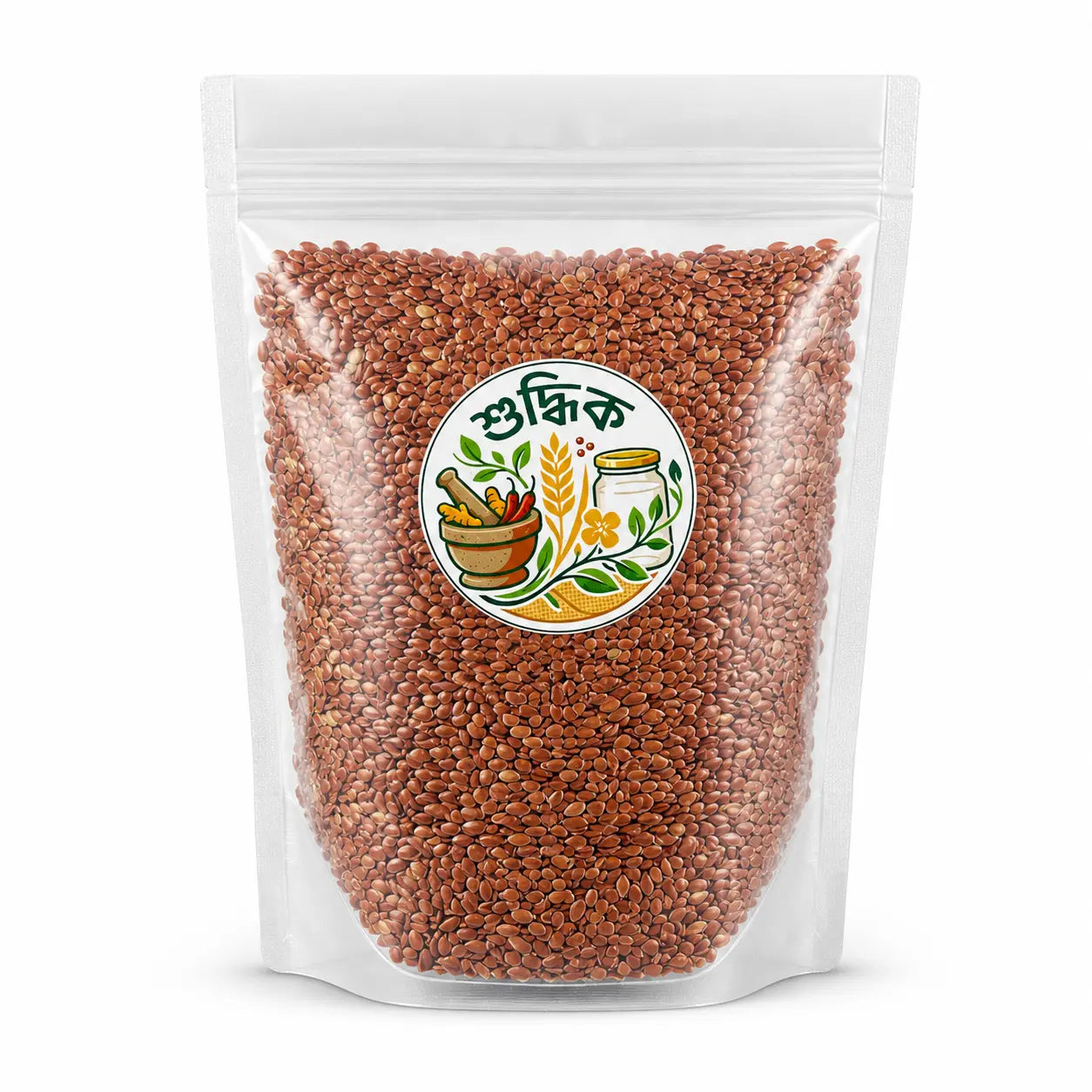 Shudhik flax seeds in Bangladesh, showcasing fresh, whole flax seeds in a clear container, for healthy nuts and seeds consumption.