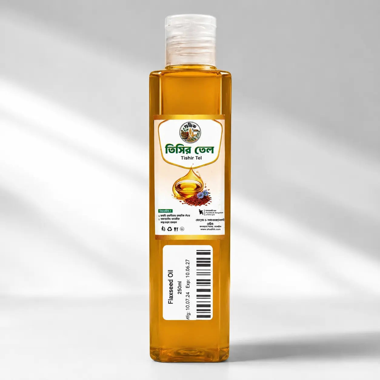 Shudhik Flaxseed Oil in a 250ml bottle, golden liquid rich in omega-3, natural health supplement and cooking oil.