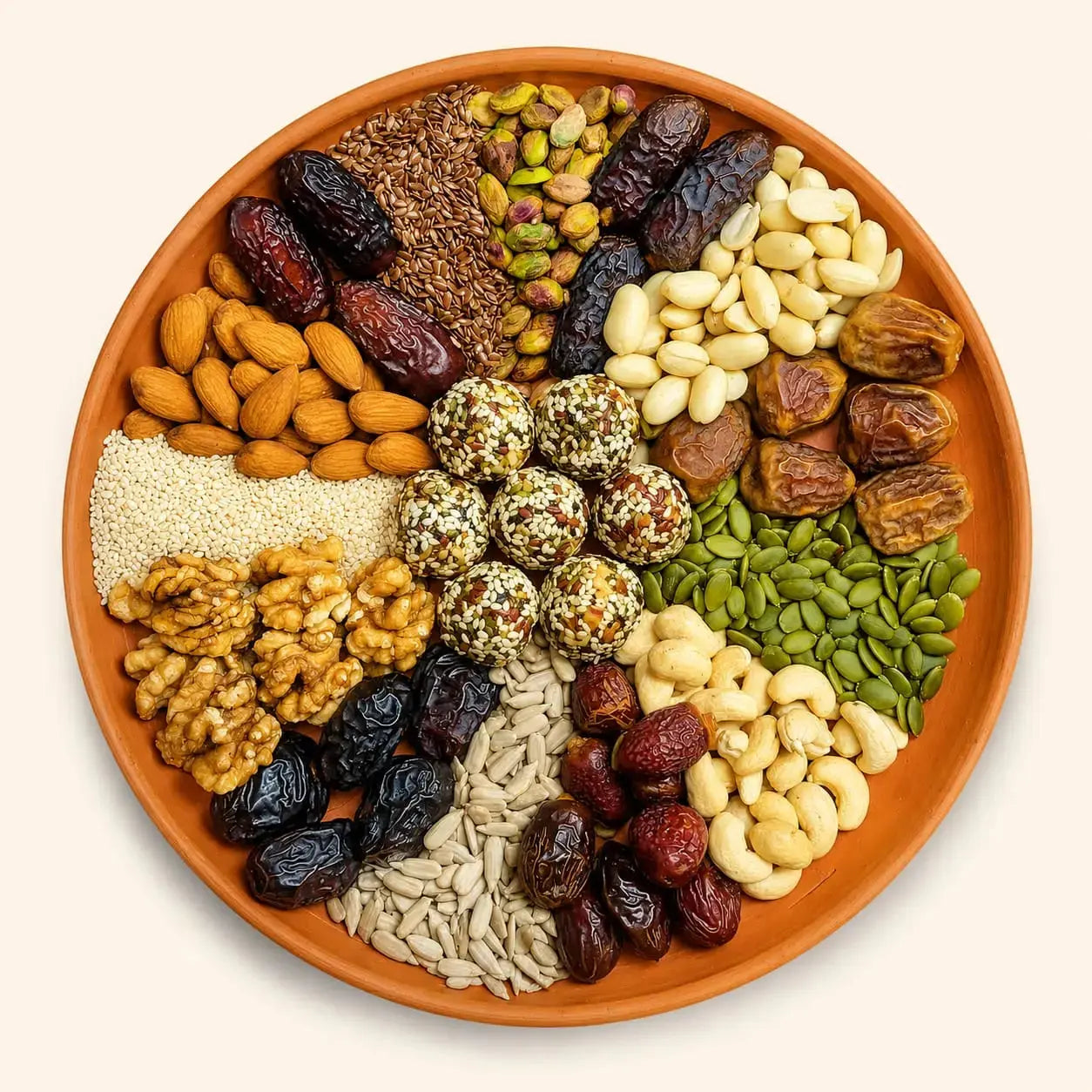 Assorted dried fruits and seeds on a terracotta platter, highlighting Shudhik Premium Biotin Laddu with nuts and seeds.