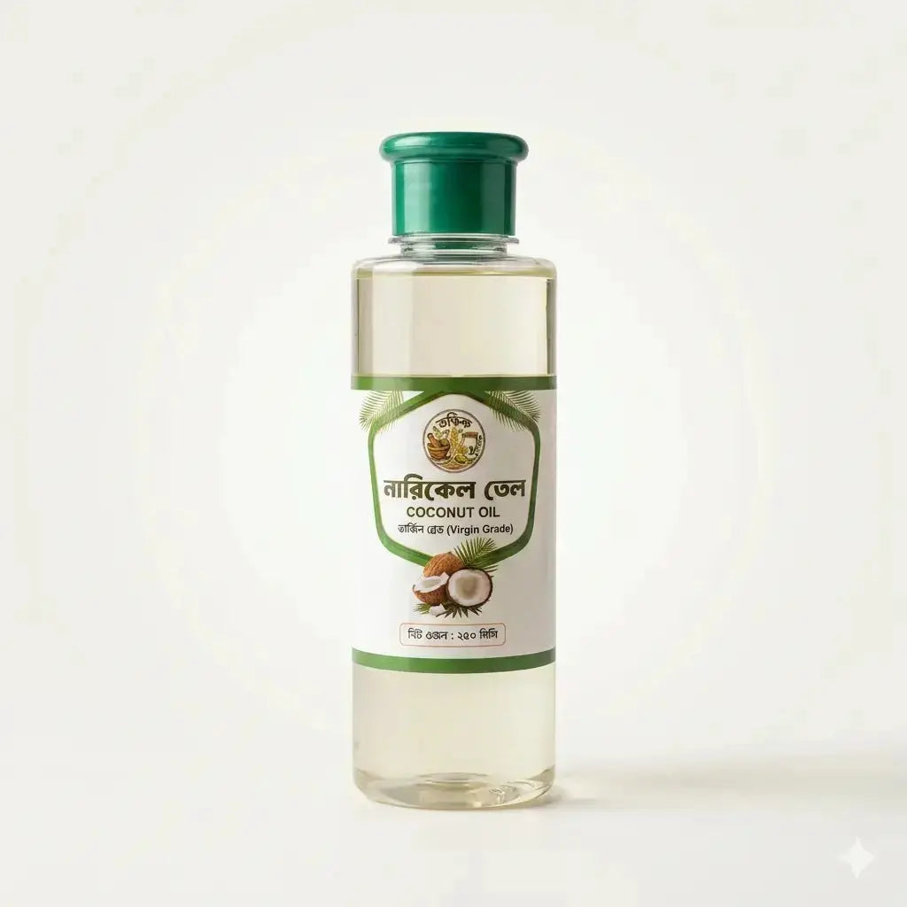 Shudhik Coconut Oil for hair care, 250ml bottle with clear label and golden cap, showcasing pure coconut oil in a plastic container.