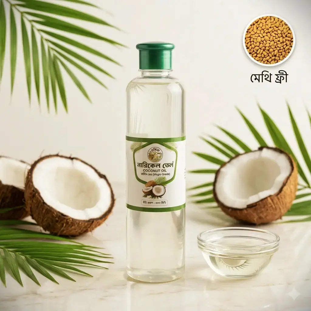 Shudhik coconut oil for hair care, clear glass bottle with coconut oil inside, ideal for nourishing and moisturizing hair.
