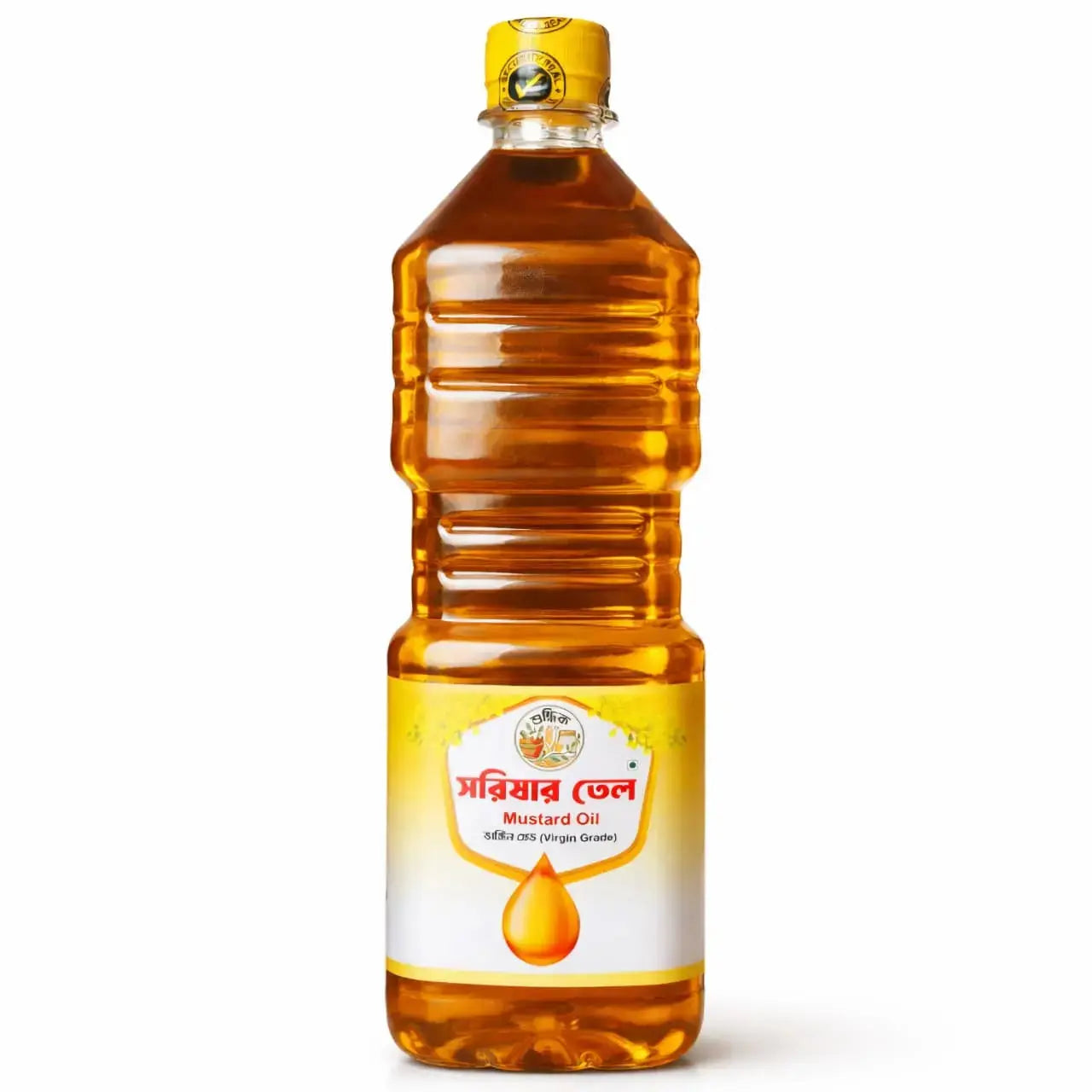Pure Shudhik mustard oil in a 1-liter bottle, traditional desi oil and ghee product, with a clear label and transparent bottle.