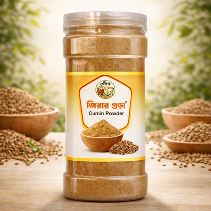 Shudhik Jira (Cumin) Powder in a 500g pack, showing the bright brown spice used in cooking, labeled as pure masala.