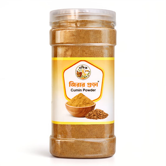 Shudhik Jira (Cumin) Powder, 500g, pure spices in a clear container, showcasing the brown cumin powder used in cooking.