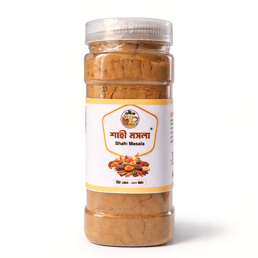 Shudhik Khati Shahi Masala container showing premium Shahi Garam Masala spices in a clear jar.
