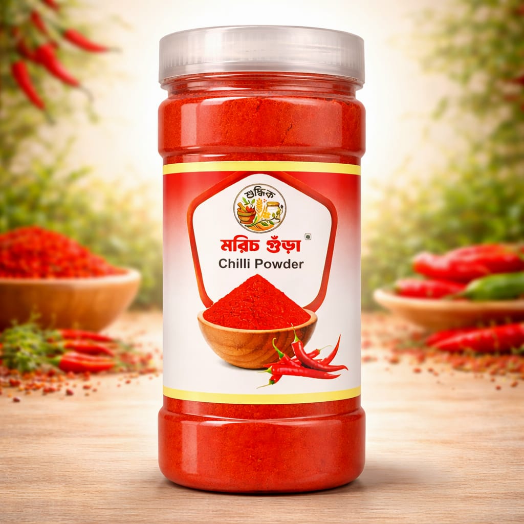 Shudhik Morich chili powder in a 200g pack, a vibrant red spice used in cooking for adding heat and flavor to dishes.