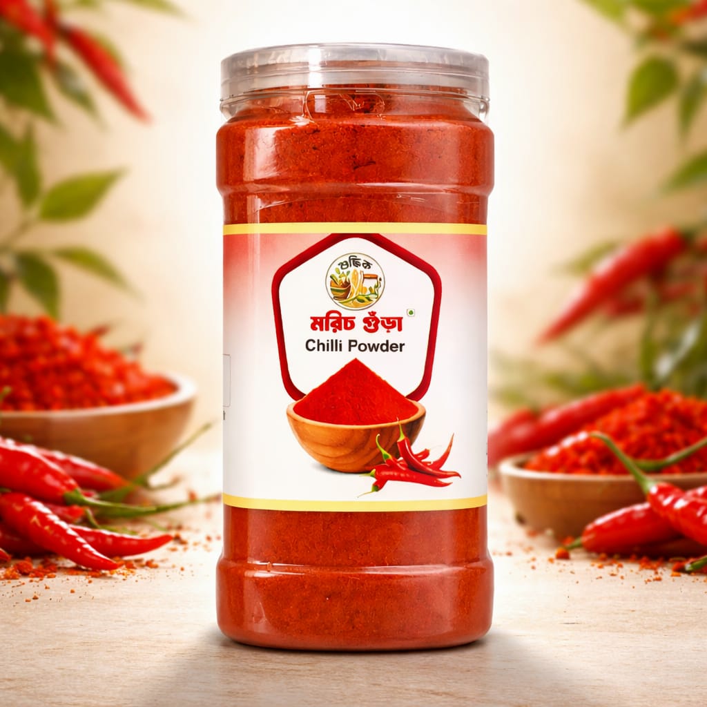 Shudhik Morich chili powder in a 500g package, finely ground spicy red chili spice for cooking and flavoring.