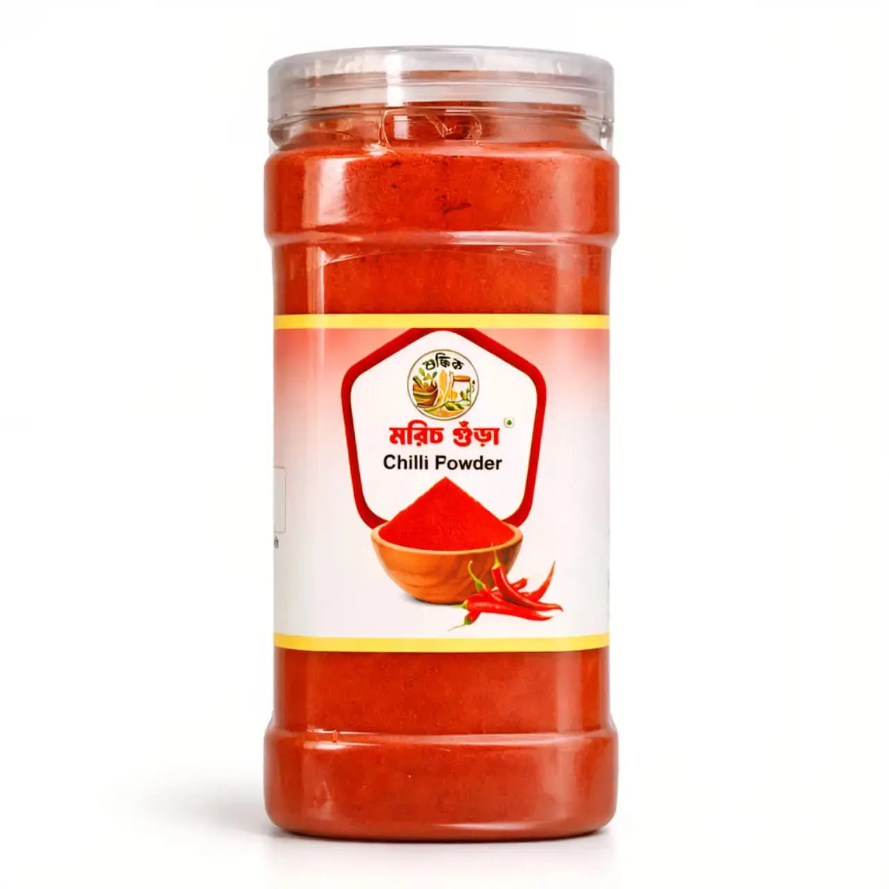 Pure chili powder by Shudhik, a bright red spice in a 500g package, shown in a clear container with vibrant chili flakes.