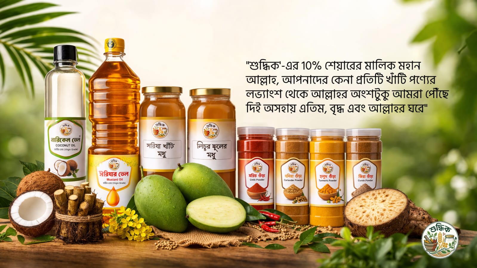 শুদ্ধিক (Shudhik) ওয়েবসাইটের হোম ব্যানার। এখানে শুদ্ধিকের সকল ১০০% খাঁটি পণ্য যেমন- নারিকেল তেল, সরিষার তেল, সরিষা ও লিচু ফুলের মধু, তাজা আম, খুলনার চুইঝাল এবং গুঁড়া মসলা (মরিচ, ধনিয়া, হলুদ, জিরা) প্রাকৃতিক উপাদানের সাথে সাজানো রয়েছে। সাথে রয়েছে ব্যবসার লাভের 10% আল্লাহর রাস্তায় ও অসহায়দের কল্যাণে ব্যয় করার মহৎ প্রতিশ্রুতি।