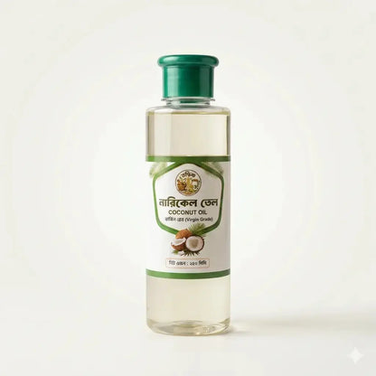 Bottle of coconut oil with a green cap on a white background