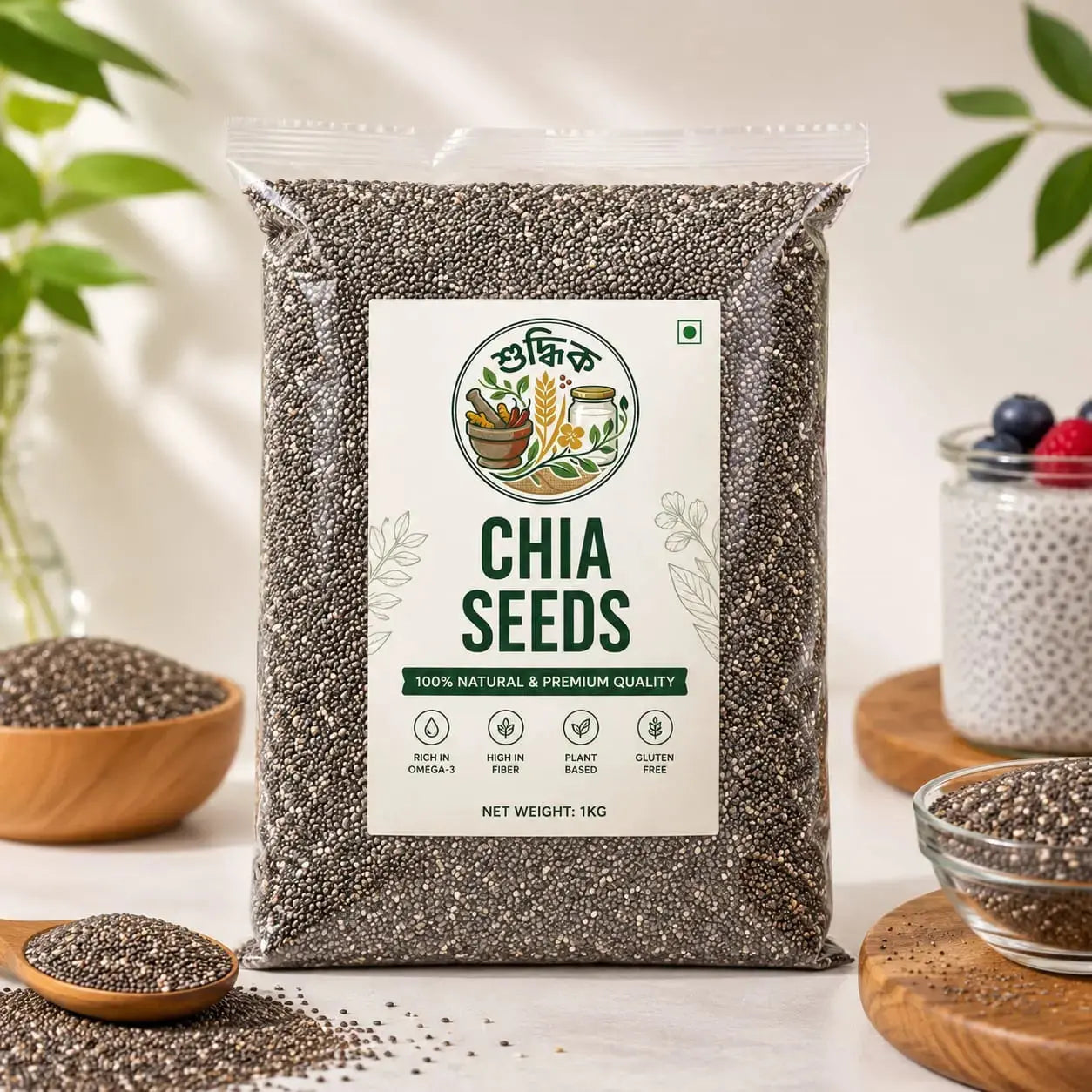 Shudhik premium chia seeds in a clear glass jar, showing small, dark chia seeds ready for healthy recipes and smoothies.