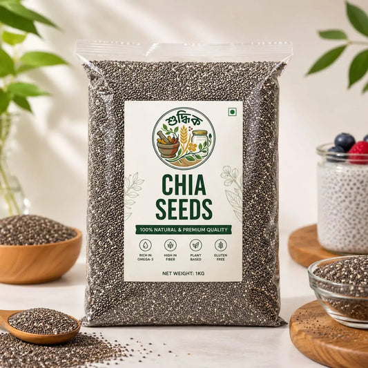 Shudhik premium chia seeds in a clear jar, showing small black and white chia seeds, fresh and healthy for cooking or smoothies.