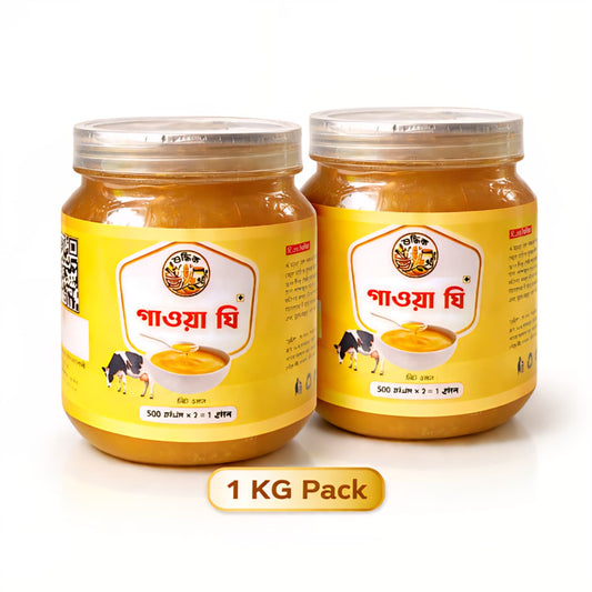 Shudhik premium gawa ghee jar showing clear glass container filled with golden ghee, traditional Indian clarified butter.