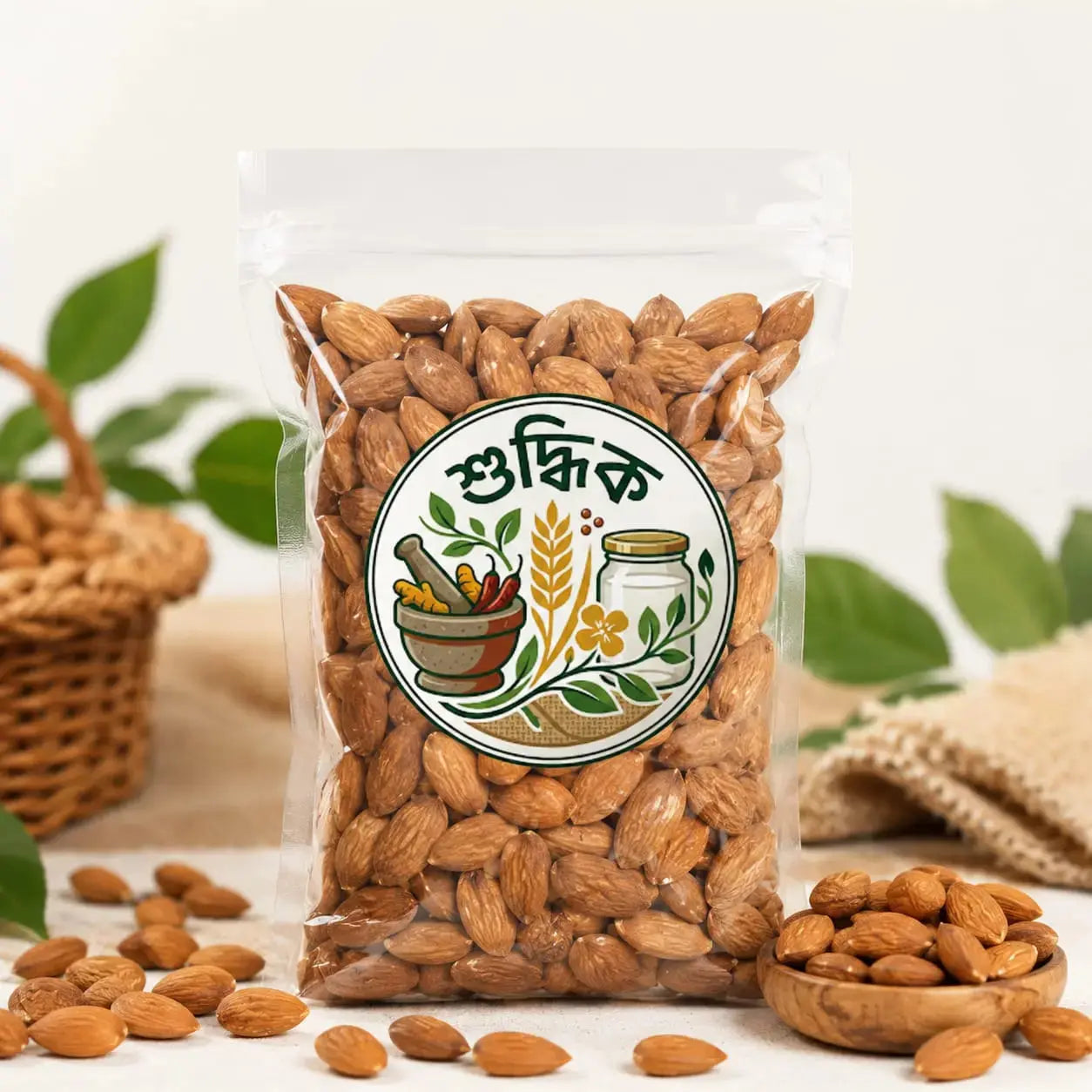 Premium Kath Badam from Shudhik, whole natural almonds in a clear view, showcasing fresh, high-quality nuts for snacking or cooking.