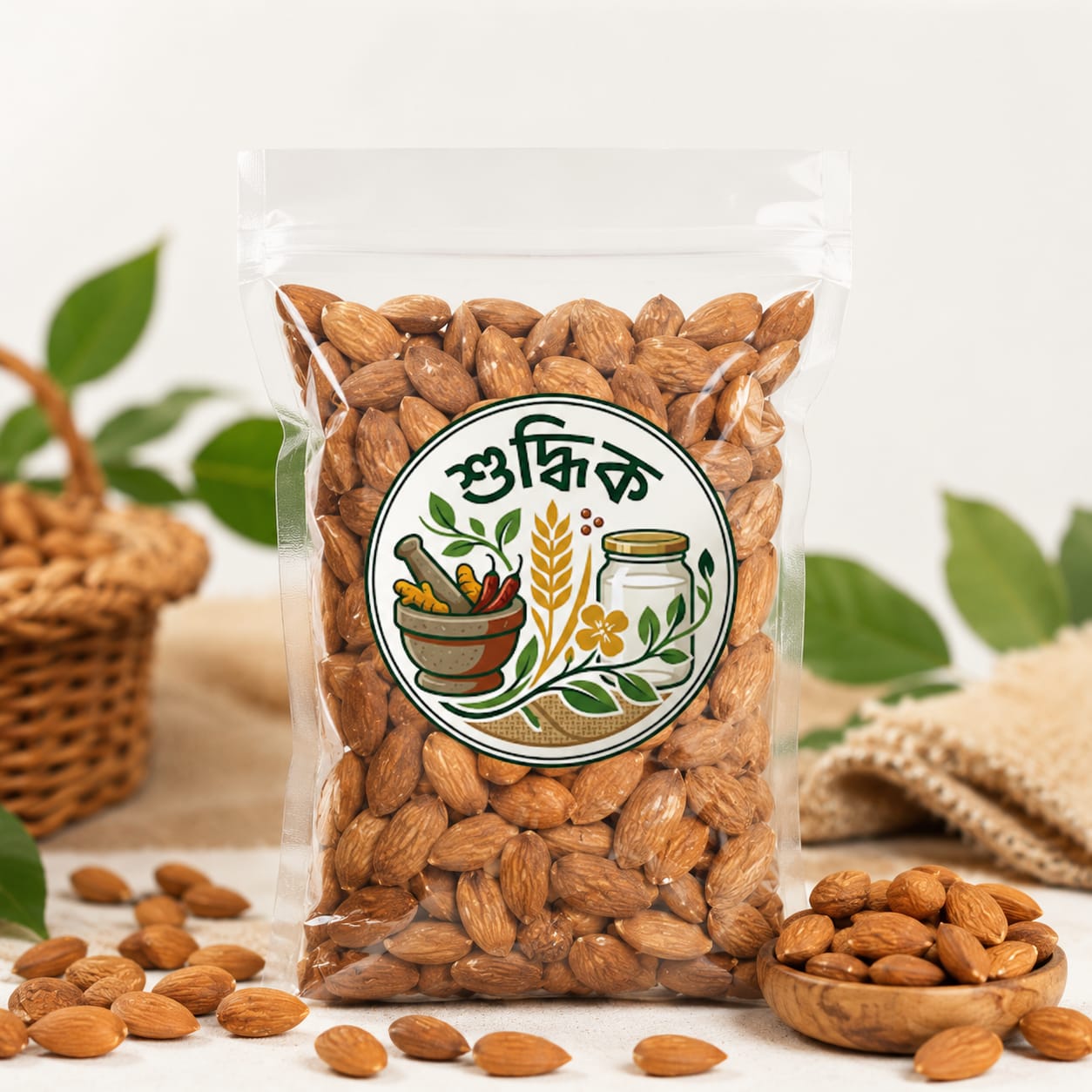 Premium Shudhik Kath Badam (almond) in a clear bowl, showcasing whole, natural nuts with a light brown shell and smooth surface.