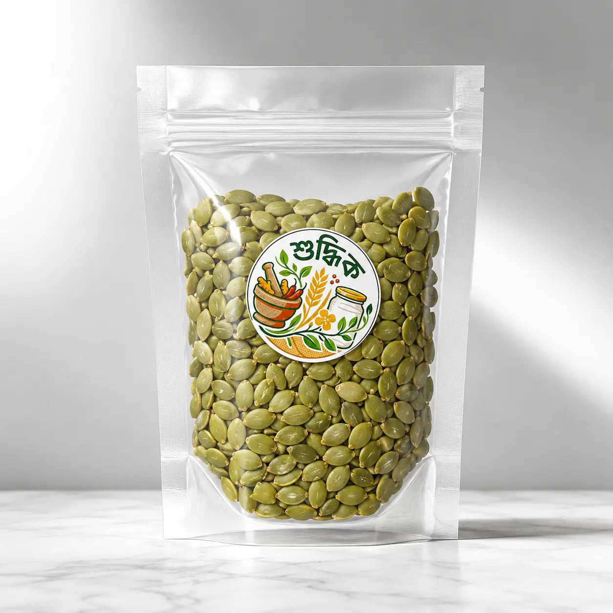 Shudhik premium pumpkin seeds, crunchy and fresh, displayed in a bowl, showcasing their natural light green and beige appearance.
