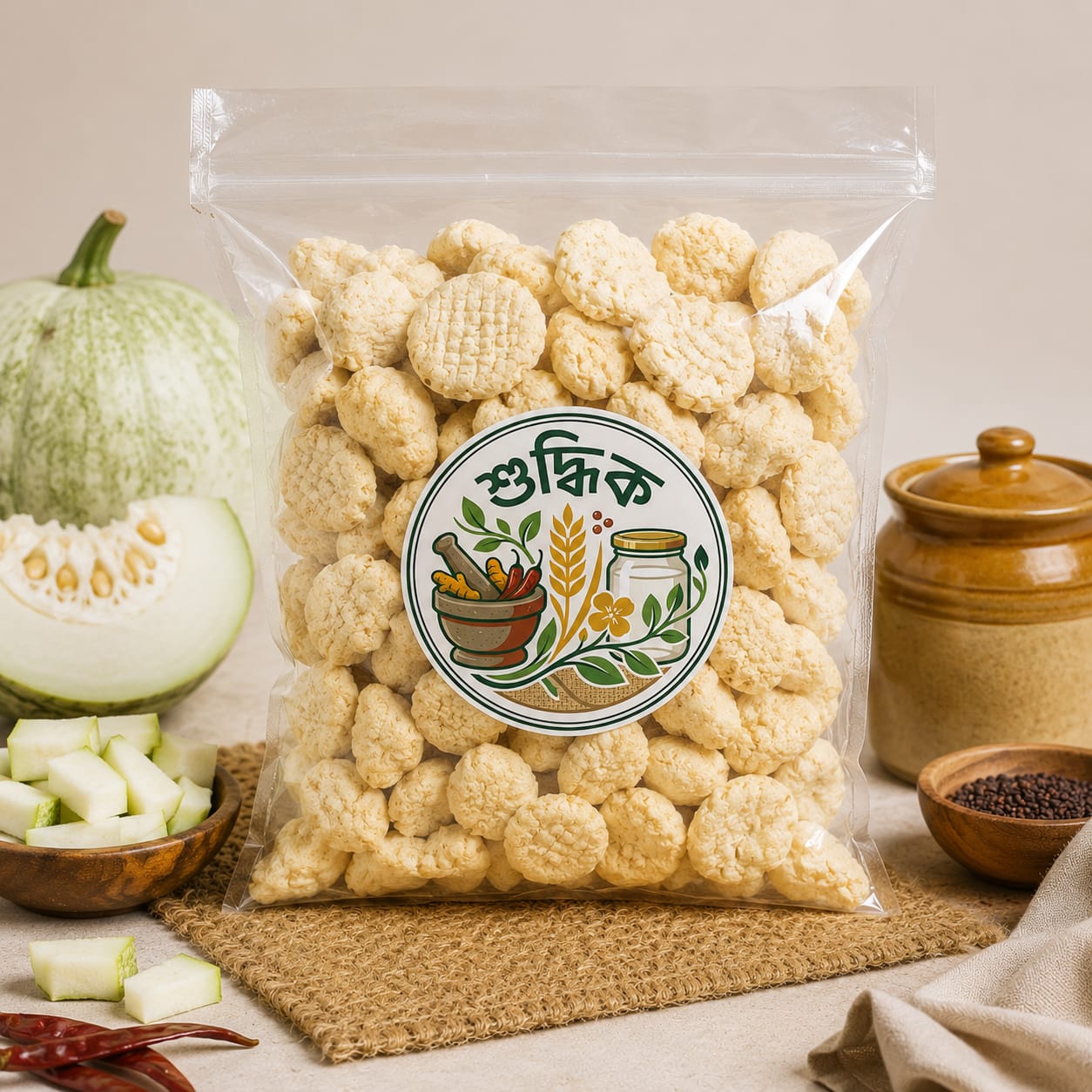 Traditional Bengali Kumro Bori by Shudhik, handcrafted pumpkin seed dumplings from premium rice flour, traditional Bengali food.