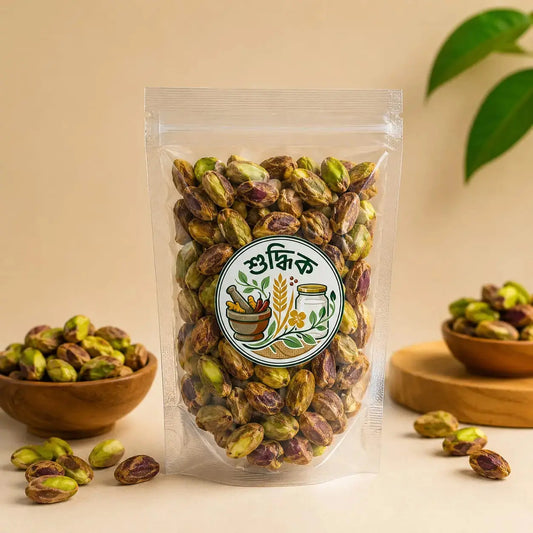 Premium Pesta Badam from Shudhik, natural roasted nut with whole almonds in a clear view.