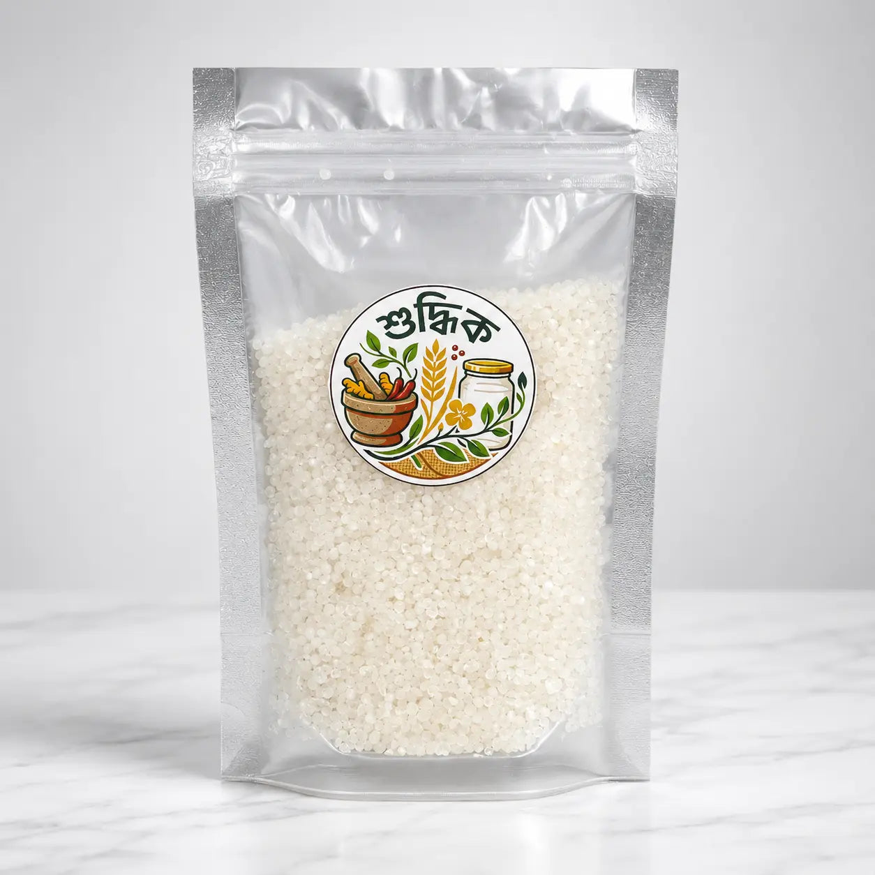 Shudhik Premium Sabudana from tree, close-up of white tapioca pearls used in cooking and traditional dishes.