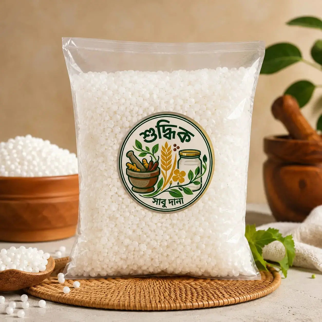 Premium Shudhik Sabudana (sarasori gachher), smooth white tapioca pearls, used in cooking and fasting dishes.